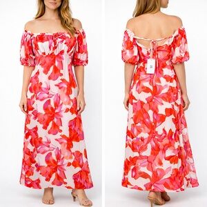 WAYF Off-Shoulder Maxi Dress – Watercolor Hawaiian Floral – Size S